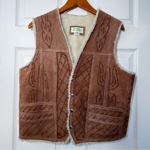 Vintage Genuine Leather Shearling Vest Equestrian Print
